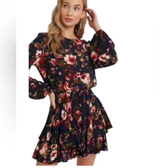 NWT, BluIvy Navy Floral Tiered Ruffle Hem Cinch Waist Dress, sz S - Picture 2 of 12